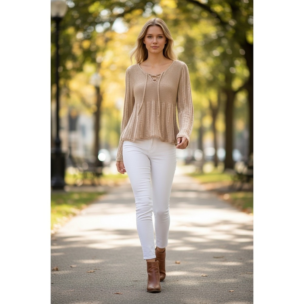 Max Studio Tan Beige Lace Up Hippie‎ V-Neck Open Knit Ribbed Sweater S Coastal